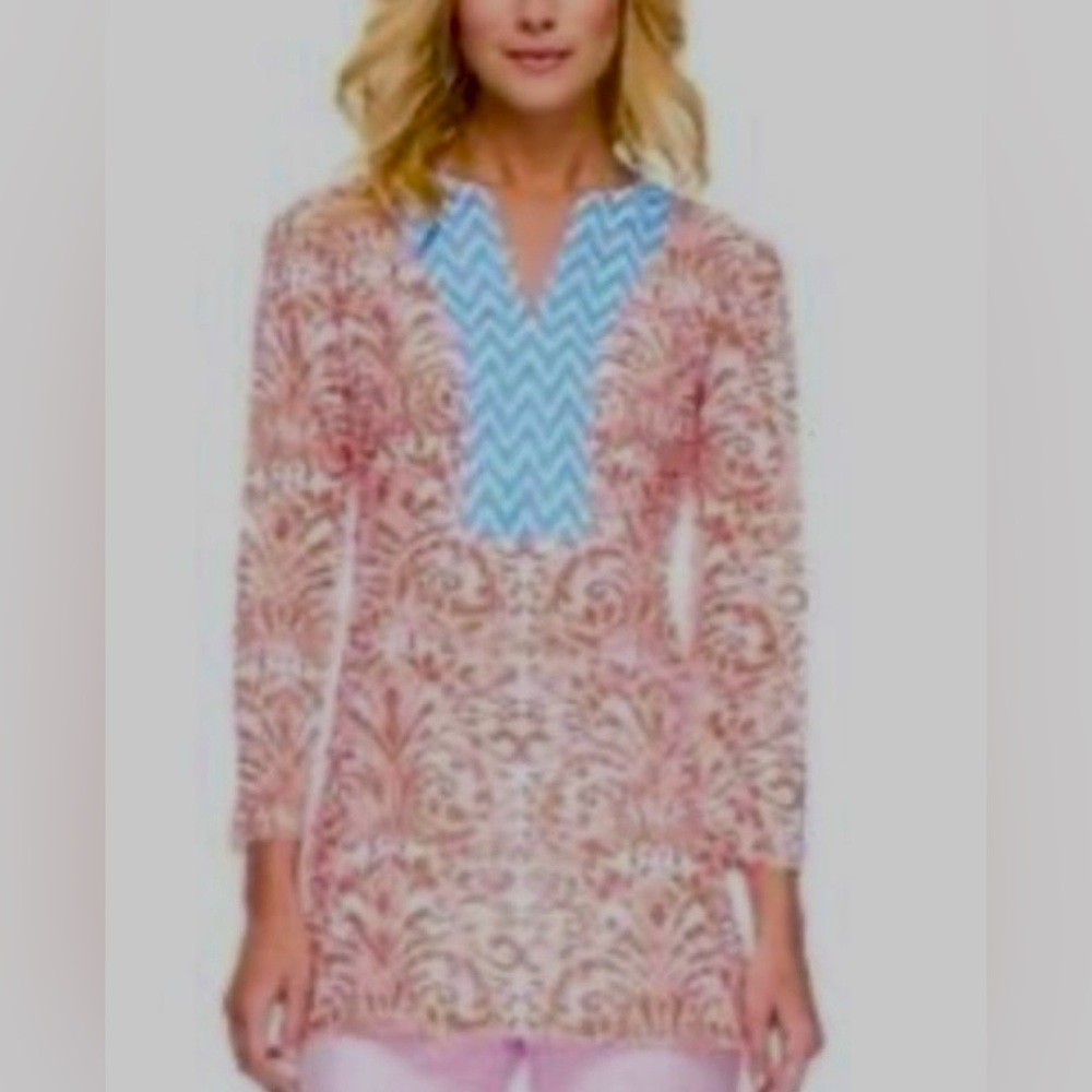 J. McLaughlin Cotton 3/4 Sleeve Tunic in Leafy Floral Print, EUC, Sz. M